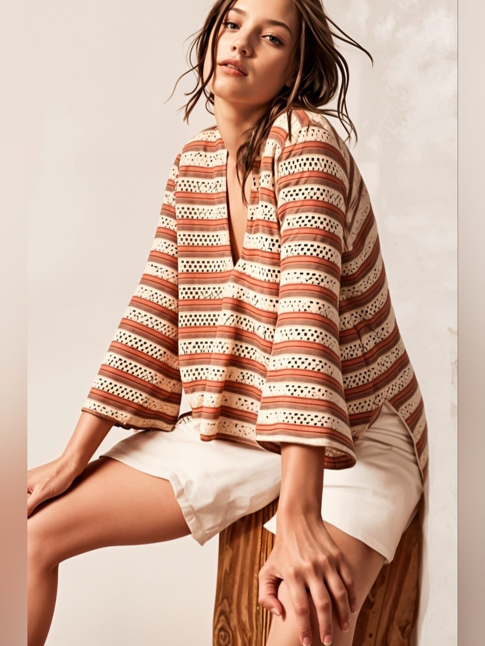 Free People We The Free Cream Crochet And Striped Hooded Top